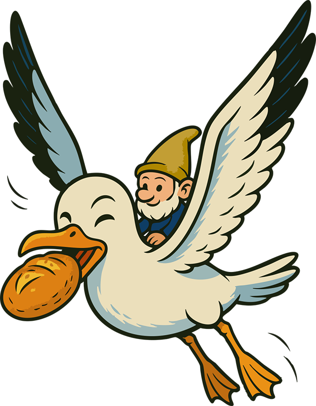 Bäckerei Witt Zwergenmenü, Zwerg auf Möwe, KI-generierter Inhalt